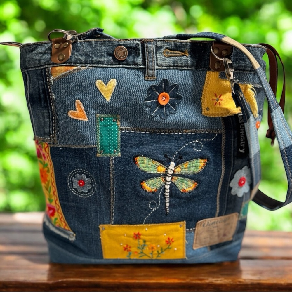 Handmade Upcycled Denim Tote Bag – Dragonfly & Patchwork Design